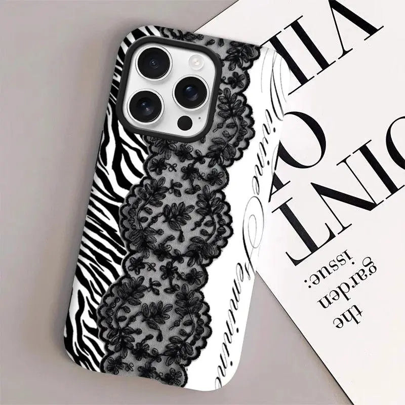 Women'S Angel Wing & Lace Magnetic Smartphone Case - 2-In-1 Korean Style Handheld Devices Protection, Aesthetic Coquette Black White Print, Shockproof Hard PC + Soft TPU Bumper, Slim Waterproof Camera-Safe Cellphone Accessory