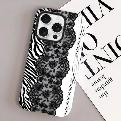 Women'S Angel Wing & Lace Magnetic Smartphone Case - 2-In-1 Korean Style Handheld Devices Protection, Aesthetic Coquette Black White Print, Shockproof Hard PC + Soft TPU Bumper, Slim Waterproof Camera-Safe Cellphone Accessory