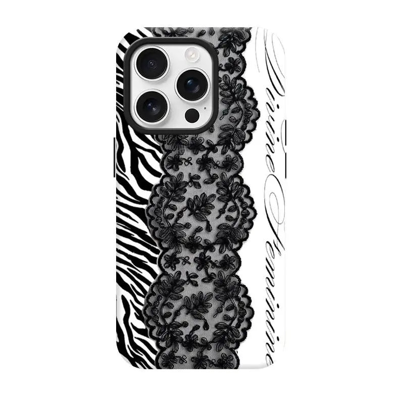 Women'S Angel Wing & Lace Magnetic Smartphone Case - 2-In-1 Korean Style Handheld Devices Protection, Aesthetic Coquette Black White Print, Shockproof Hard PC + Soft TPU Bumper, Slim Waterproof Camera-Safe Cellphone Accessory