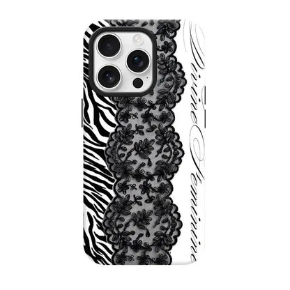 Women'S Angel Wing & Lace Magnetic Smartphone Case - 2-In-1 Korean Style Handheld Devices Protection, Aesthetic Coquette Black White Print, Shockproof Hard PC + Soft TPU Bumper, Slim Waterproof Camera-Safe Cellphone Accessory