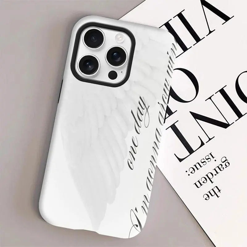 Women'S Angel Wing & Lace Magnetic Smartphone Case - 2-In-1 Korean Style Handheld Devices Protection, Aesthetic Coquette Black White Print, Shockproof Hard PC + Soft TPU Bumper, Slim Waterproof Camera-Safe Cellphone Accessory