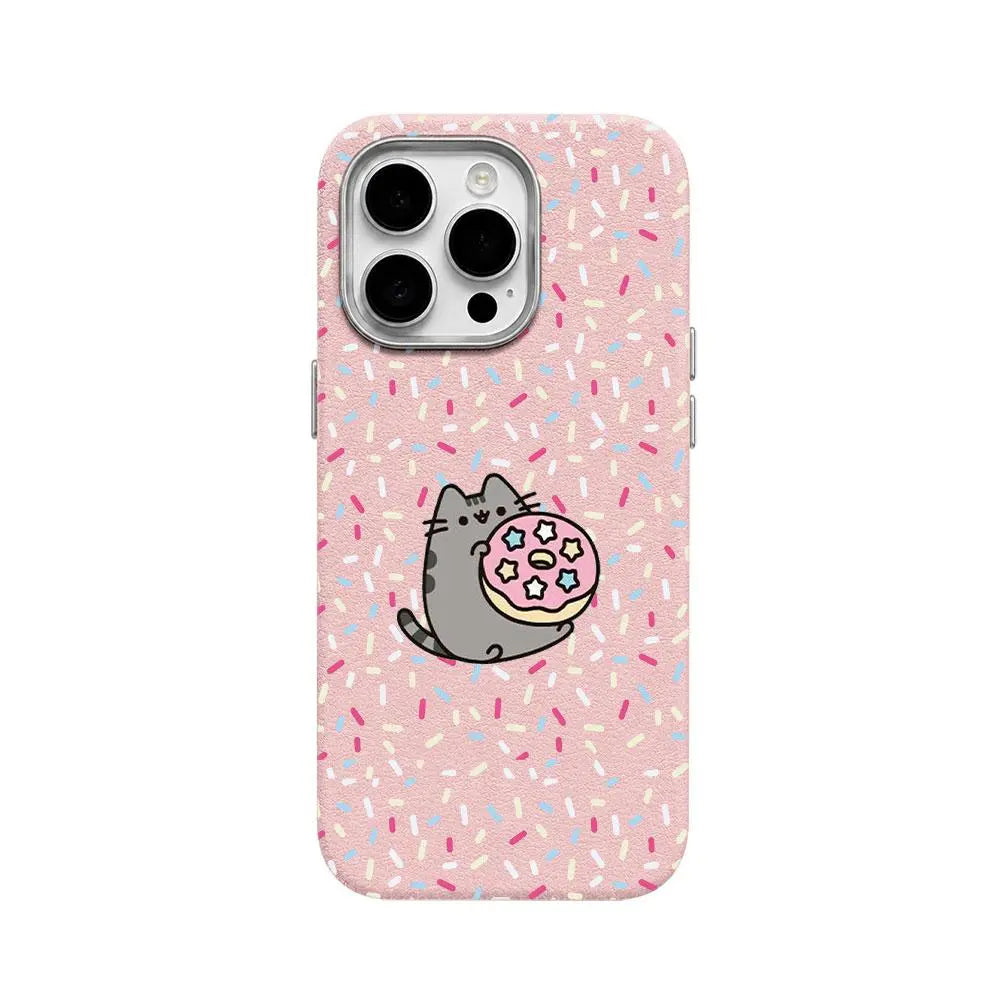 Cute Pusheen Cat Polka Dot Phone Case for Iphone 17Promax/16/15/14/13/12 Series, Slim Shockproof Soft Back Cover for Daily Protection,Leather-Textured Phone Case,Funny Cat Design Phone Case