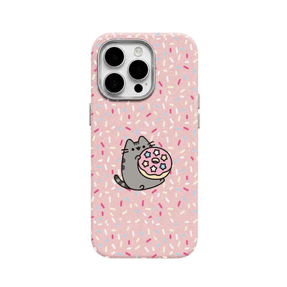 Cute Pusheen Cat Polka Dot Phone Case for Iphone 17Promax/16/15/14/13/12 Series, Slim Shockproof Soft Back Cover for Daily Protection,Leather-Textured Phone Case,Funny Cat Design Phone Case