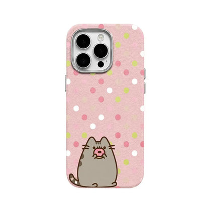 Cute Pusheen Cat Polka Dot Phone Case for Iphone 17Promax/16/15/14/13/12 Series, Slim Shockproof Soft Back Cover for Daily Protection,Leather-Textured Phone Case,Funny Cat Design Phone Case