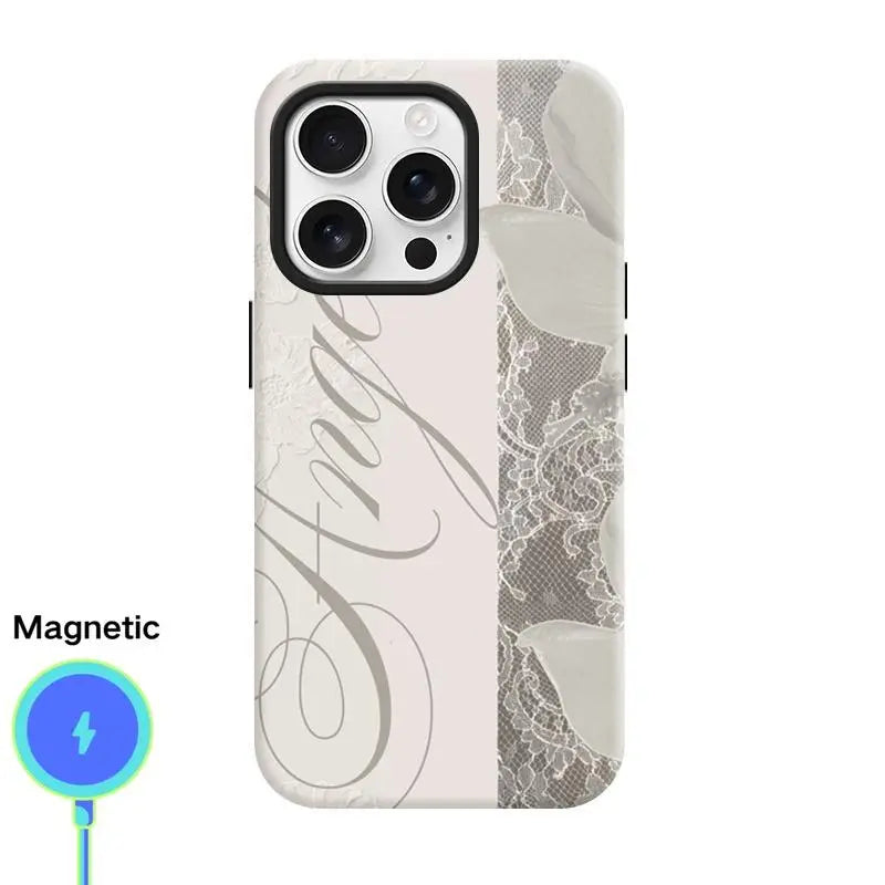 Women'S Angel Wing & Lace Magnetic Smartphone Case - 2-In-1 Korean Style Handheld Devices Protection, Aesthetic Coquette Black White Print, Shockproof Hard PC + Soft TPU Bumper, Slim Waterproof Camera-Safe Cellphone Accessory