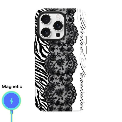 Women'S Angel Wing & Lace Magnetic Smartphone Case - 2-In-1 Korean Style Handheld Devices Protection, Aesthetic Coquette Black White Print, Shockproof Hard PC + Soft TPU Bumper, Slim Waterproof Camera-Safe Cellphone Accessory