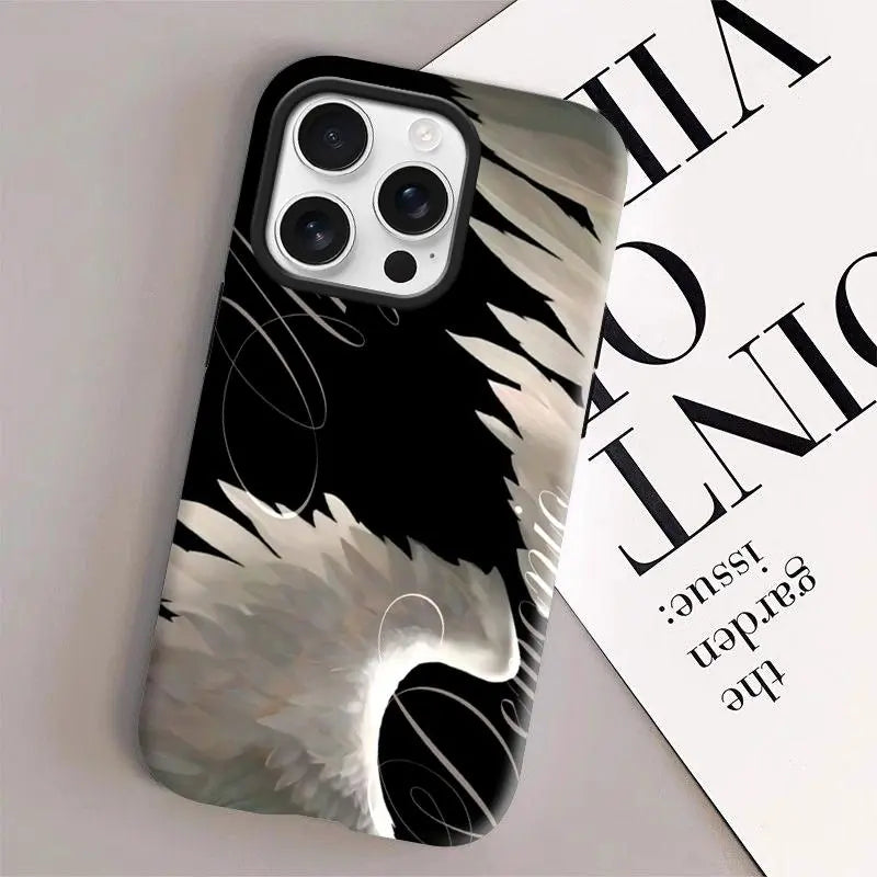 Women'S Angel Wing & Lace Magnetic Smartphone Case - 2-In-1 Korean Style Handheld Devices Protection, Aesthetic Coquette Black White Print, Shockproof Hard PC + Soft TPU Bumper, Slim Waterproof Camera-Safe Cellphone Accessory