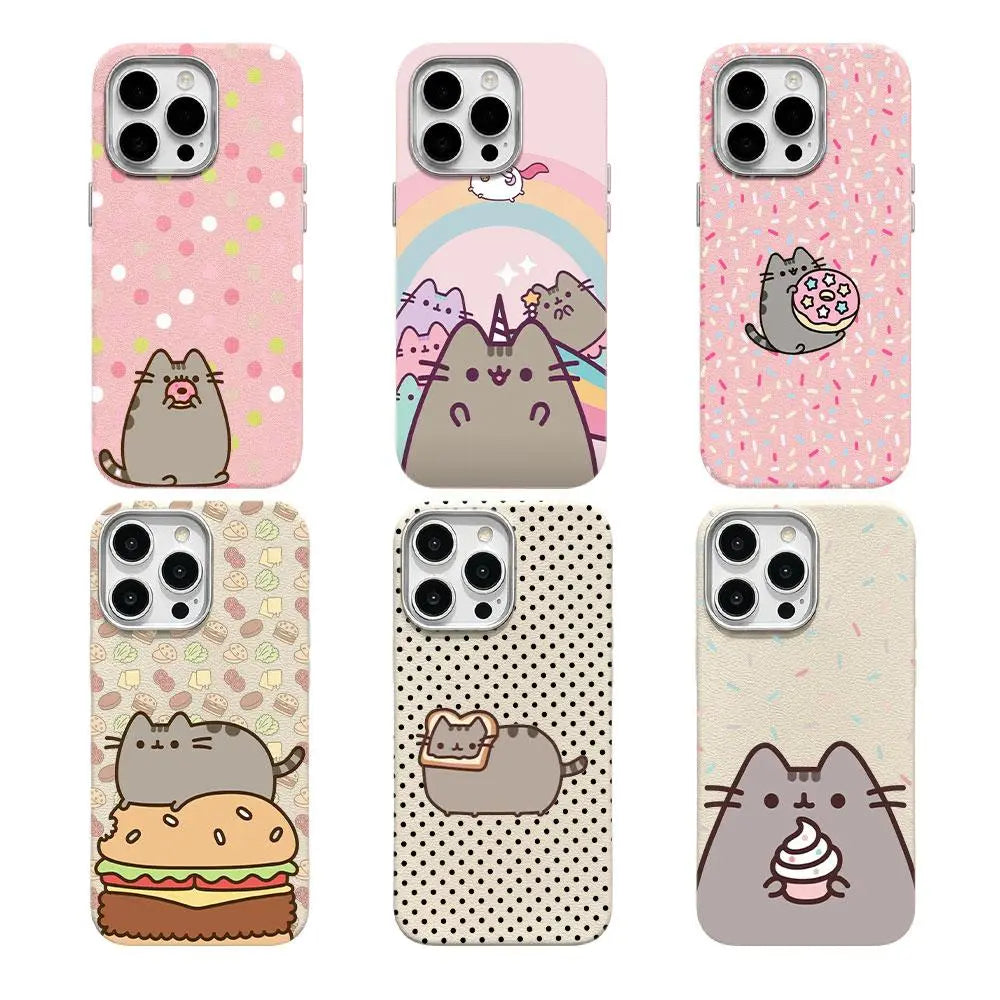 Cute Pusheen Cat Polka Dot Phone Case for Iphone 17Promax/16/15/14/13/12 Series, Slim Shockproof Soft Back Cover for Daily Protection,Leather-Textured Phone Case,Funny Cat Design Phone Case