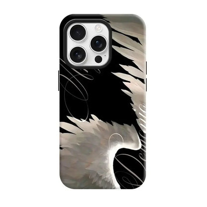 Women'S Angel Wing & Lace Magnetic Smartphone Case - 2-In-1 Korean Style Handheld Devices Protection, Aesthetic Coquette Black White Print, Shockproof Hard PC + Soft TPU Bumper, Slim Waterproof Camera-Safe Cellphone Accessory
