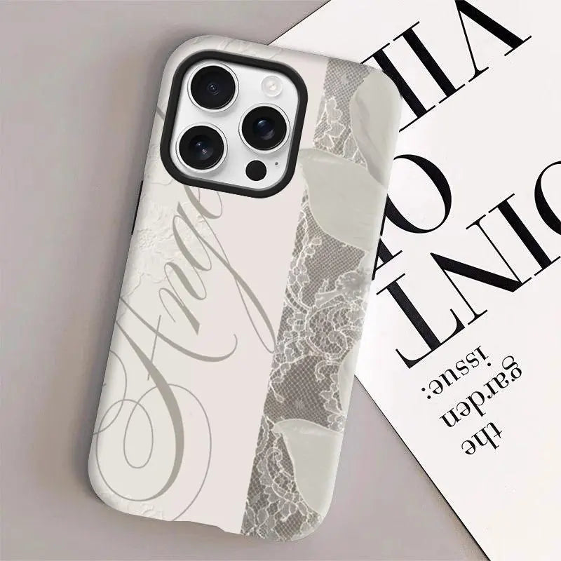 Women'S Angel Wing & Lace Magnetic Smartphone Case - 2-In-1 Korean Style Handheld Devices Protection, Aesthetic Coquette Black White Print, Shockproof Hard PC + Soft TPU Bumper, Slim Waterproof Camera-Safe Cellphone Accessory