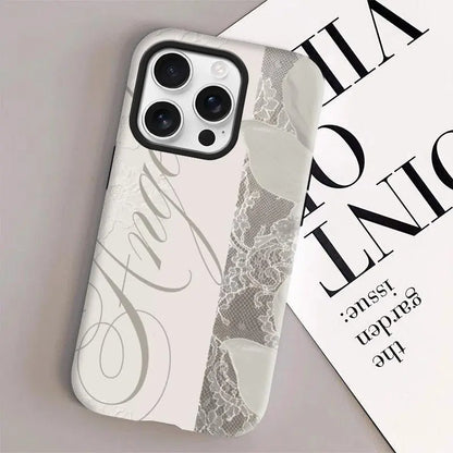 Women'S Angel Wing & Lace Magnetic Smartphone Case - 2-In-1 Korean Style Handheld Devices Protection, Aesthetic Coquette Black White Print, Shockproof Hard PC + Soft TPU Bumper, Slim Waterproof Camera-Safe Cellphone Accessory