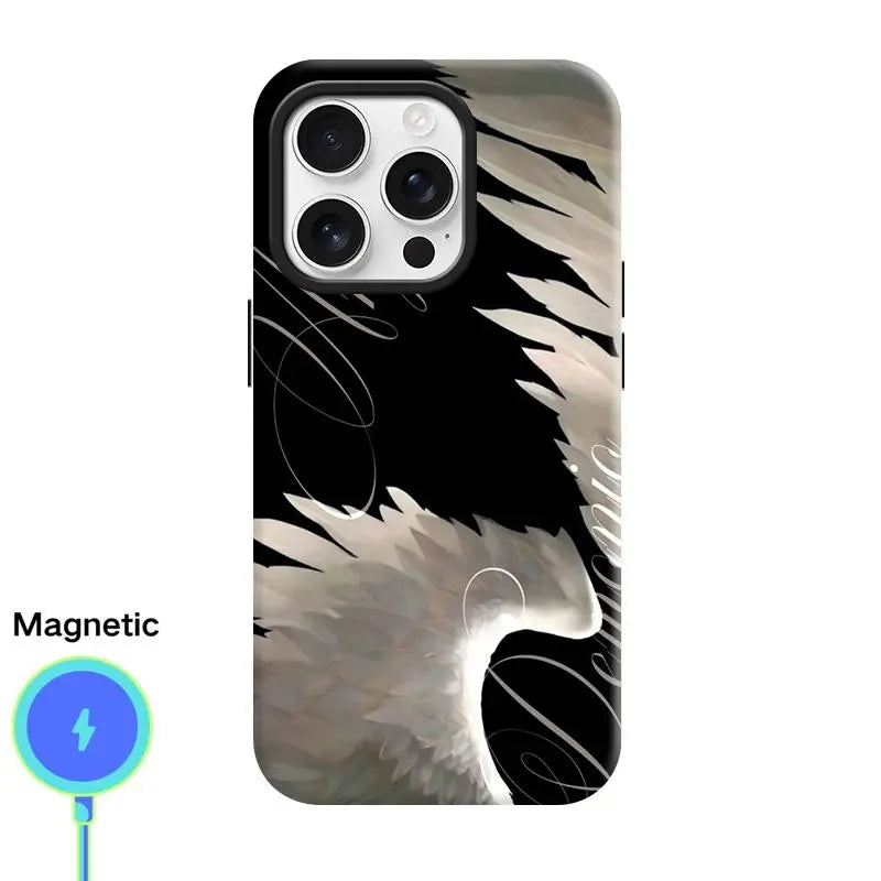 Women'S Angel Wing & Lace Magnetic Smartphone Case - 2-In-1 Korean Style Handheld Devices Protection, Aesthetic Coquette Black White Print, Shockproof Hard PC + Soft TPU Bumper, Slim Waterproof Camera-Safe Cellphone Accessory