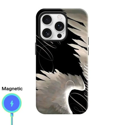 Women'S Angel Wing & Lace Magnetic Smartphone Case - 2-In-1 Korean Style Handheld Devices Protection, Aesthetic Coquette Black White Print, Shockproof Hard PC + Soft TPU Bumper, Slim Waterproof Camera-Safe Cellphone Accessory