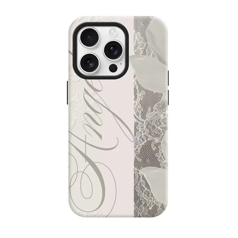 Women'S Angel Wing & Lace Magnetic Smartphone Case - 2-In-1 Korean Style Handheld Devices Protection, Aesthetic Coquette Black White Print, Shockproof Hard PC + Soft TPU Bumper, Slim Waterproof Camera-Safe Cellphone Accessory