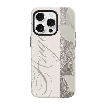 Women'S Angel Wing & Lace Magnetic Smartphone Case - 2-In-1 Korean Style Handheld Devices Protection, Aesthetic Coquette Black White Print, Shockproof Hard PC + Soft TPU Bumper, Slim Waterproof Camera-Safe Cellphone Accessory