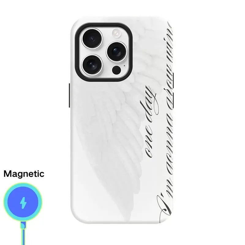 Women'S Angel Wing & Lace Magnetic Smartphone Case - 2-In-1 Korean Style Handheld Devices Protection, Aesthetic Coquette Black White Print, Shockproof Hard PC + Soft TPU Bumper, Slim Waterproof Camera-Safe Cellphone Accessory