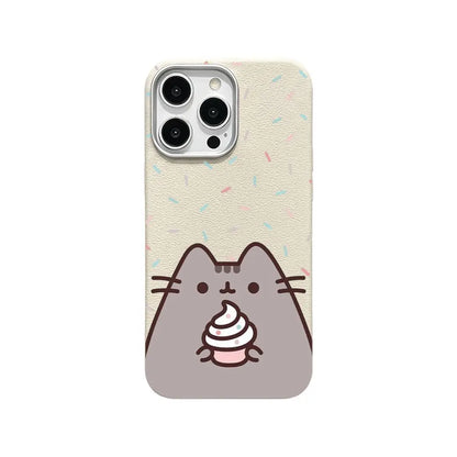Cute Pusheen Cat Polka Dot Phone Case for Iphone 17Promax/16/15/14/13/12 Series, Slim Shockproof Soft Back Cover for Daily Protection,Leather-Textured Phone Case,Funny Cat Design Phone Case